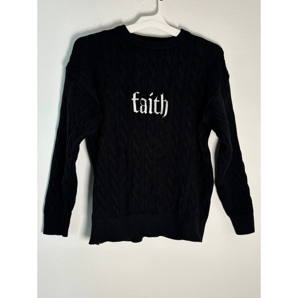 Urban Weekend Faith Cable Knit‎ Sweater Black Gothic Script Crewneck Mens Large